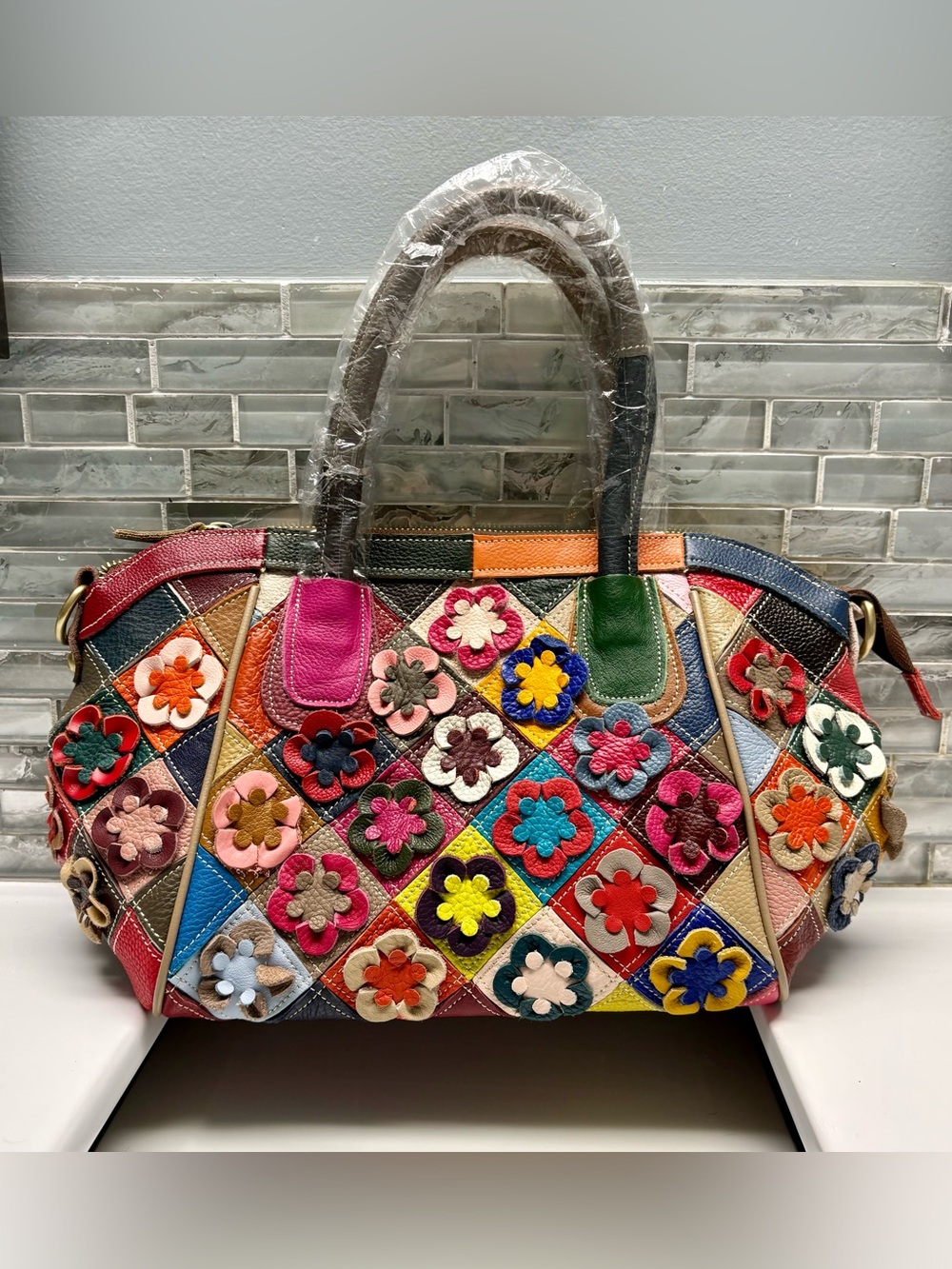 Vintage Look Leather patchwork handbag, unique 3D floral embellishments. NWT